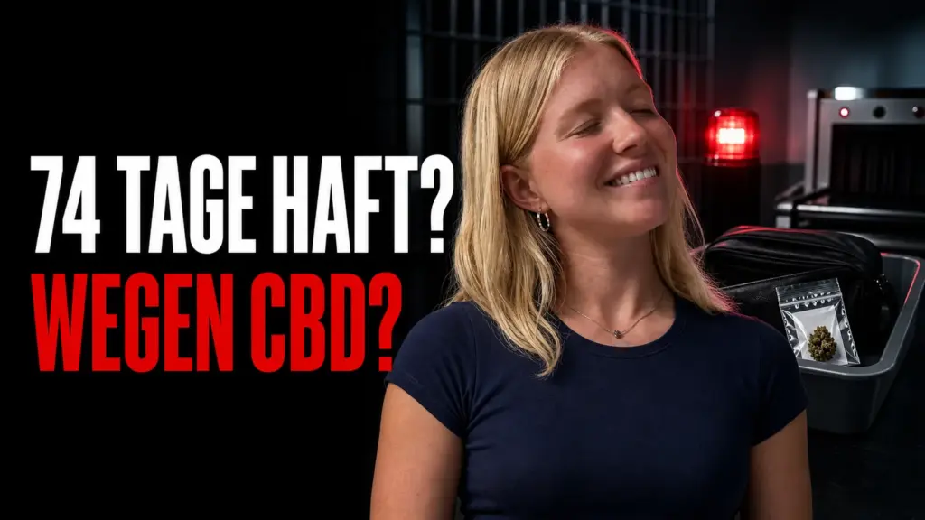 Porträt von Maja Leonie vor Flughafenkontrolle mit CBD-Blüte und dem Text 74 Tage Haft wegen CBD