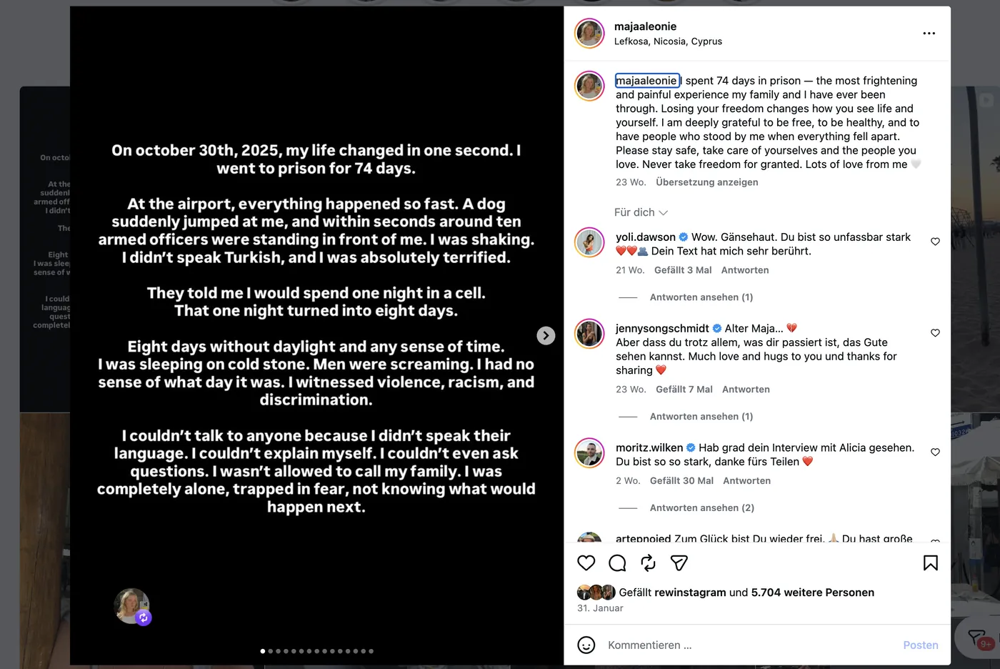 Instagram-Statement von Maja Leonie über 74 Tage Haft in Nordzypern und acht Tage ohne Tageslicht