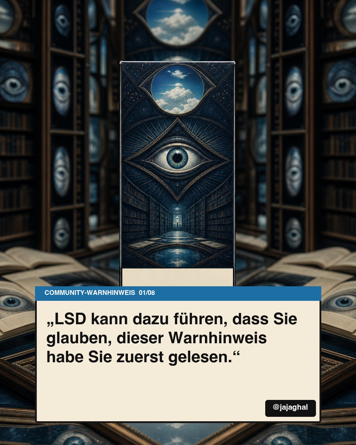 Fiktive LSD-Verpackung mit dem Community-Warnhinweis, dass der Warnhinweis den Leser zuerst gelesen haben könnte