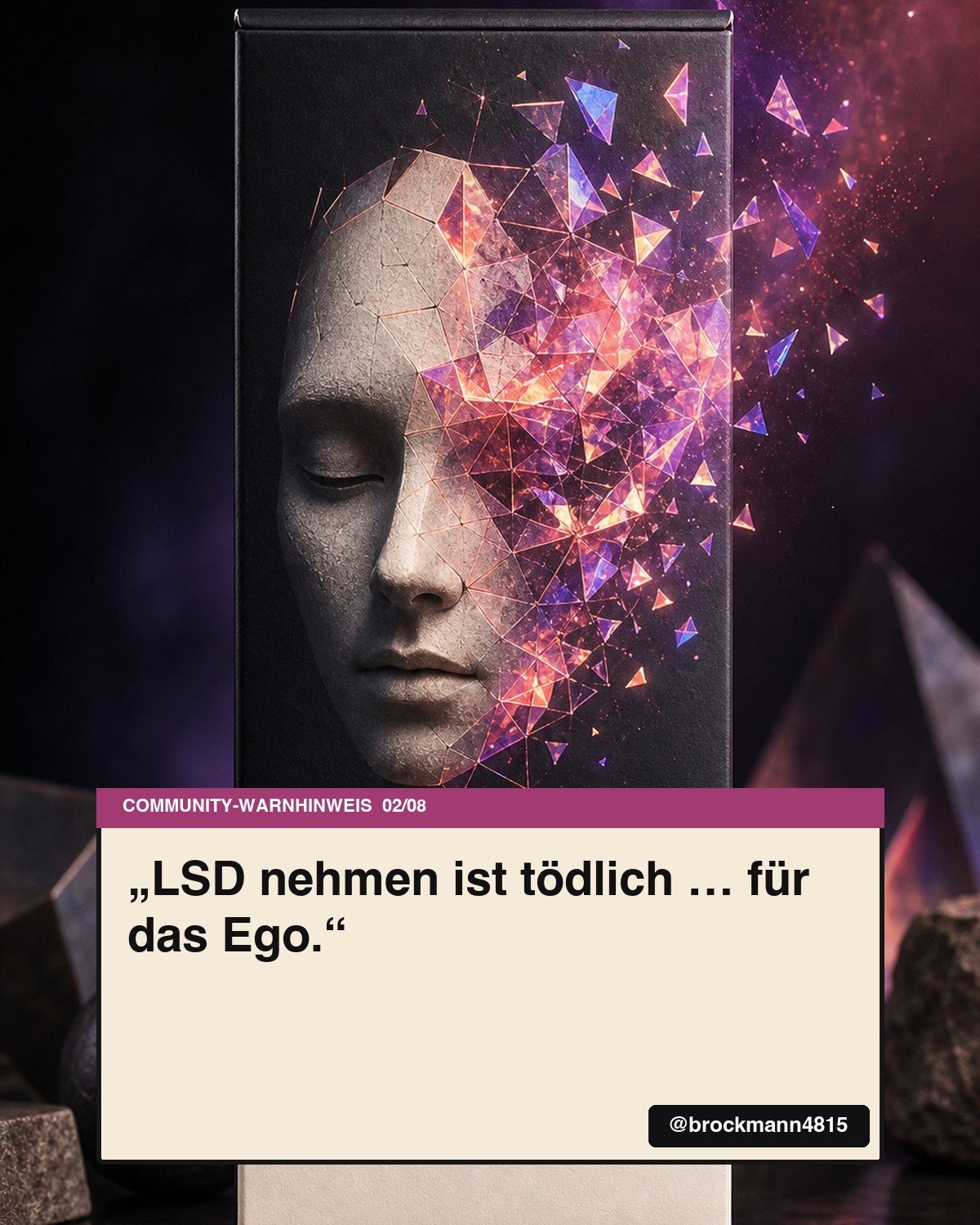 Fiktive LSD-Verpackung mit dem Community-Warnhinweis LSD nehmen ist tödlich für das Ego