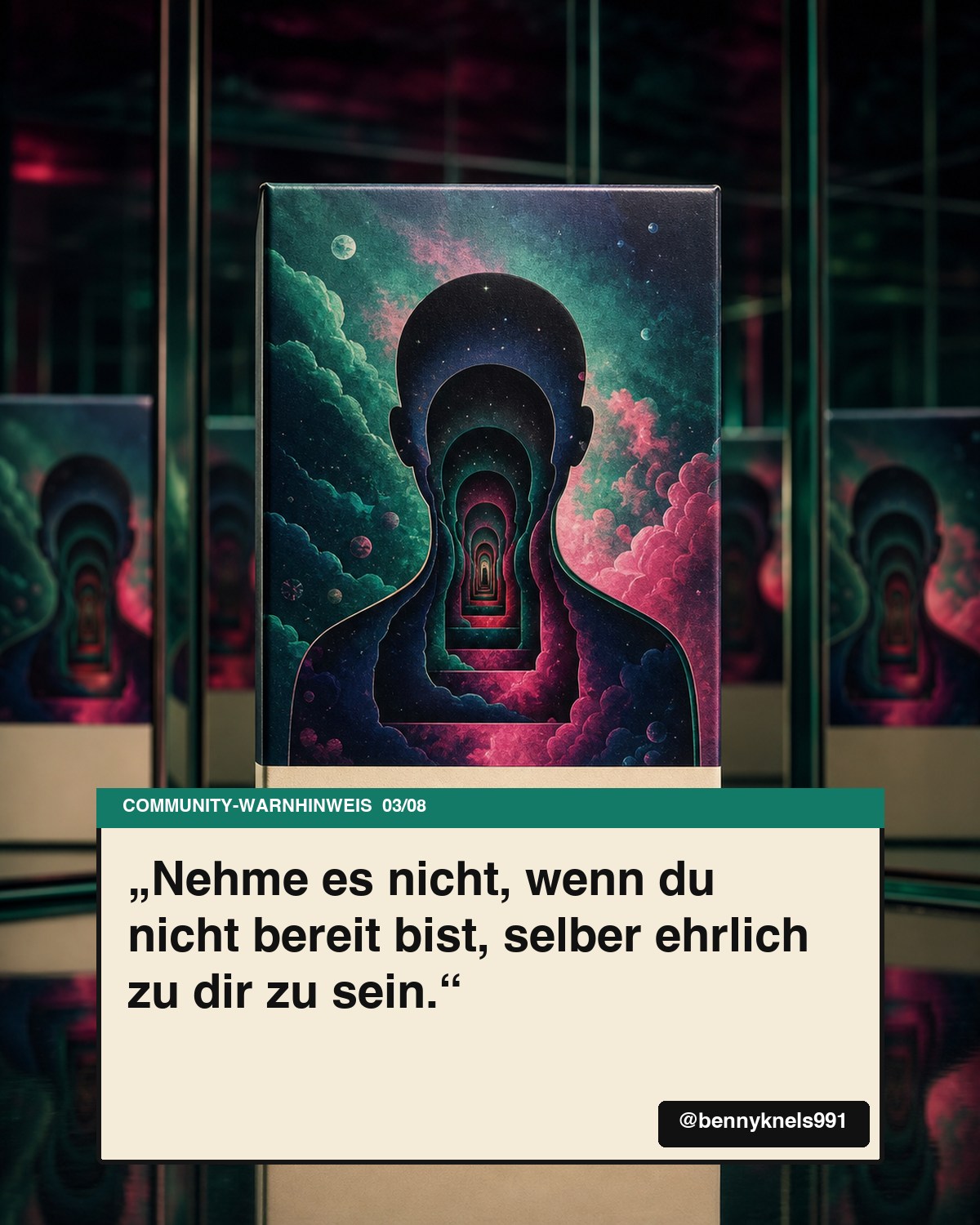 Fiktive LSD-Verpackung mit einem Community-Warnhinweis über Ehrlichkeit zu sich selbst