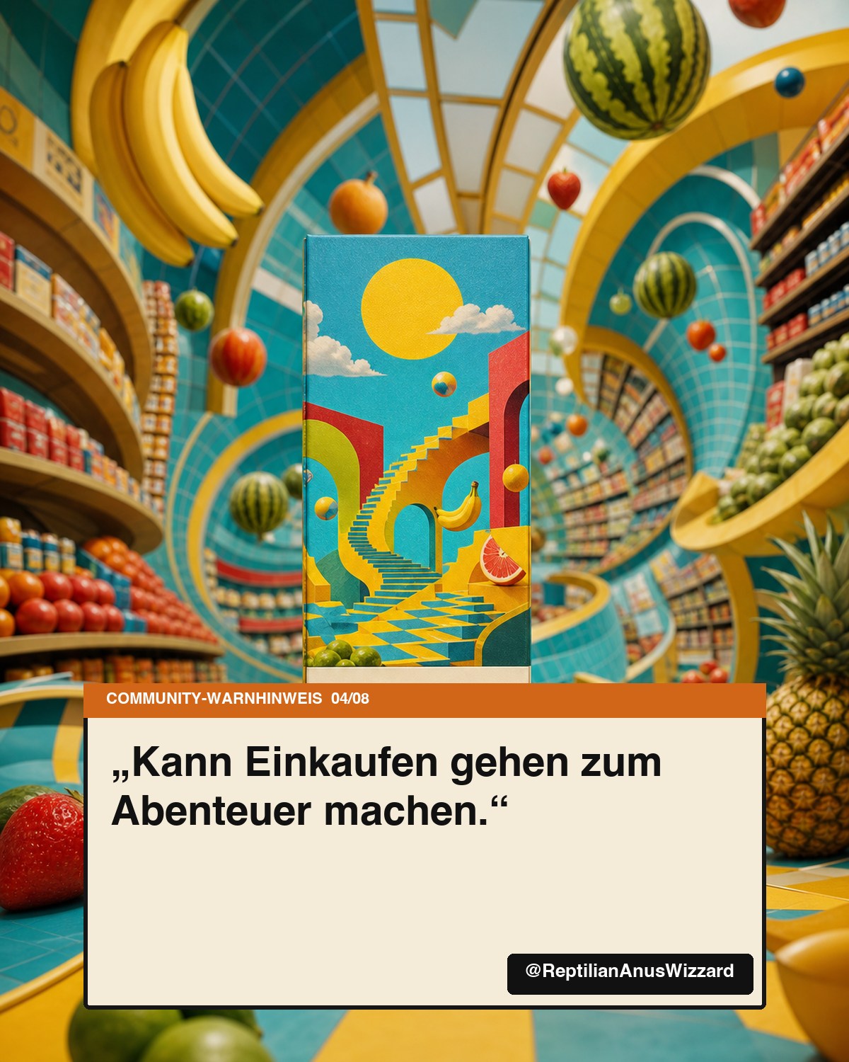 Fiktive LSD-Verpackung mit dem Community-Warnhinweis, dass Einkaufen zum Abenteuer werden kann