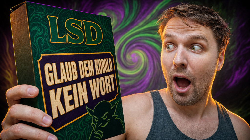 Simon Ruane hält eine fiktive LSD-Verpackung mit dem Warnhinweis „Glaub dem Kobold kein Wort“