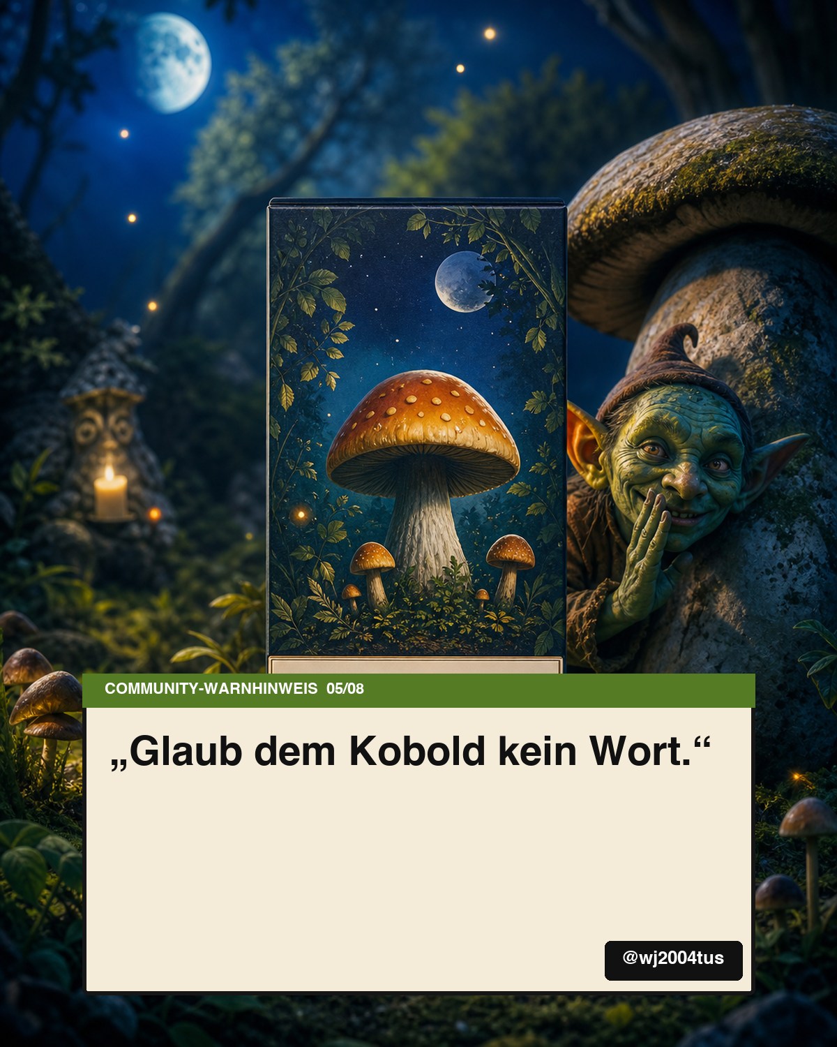 Fiktive LSD-Verpackung mit dem Community-Warnhinweis Glaub dem Kobold kein Wort