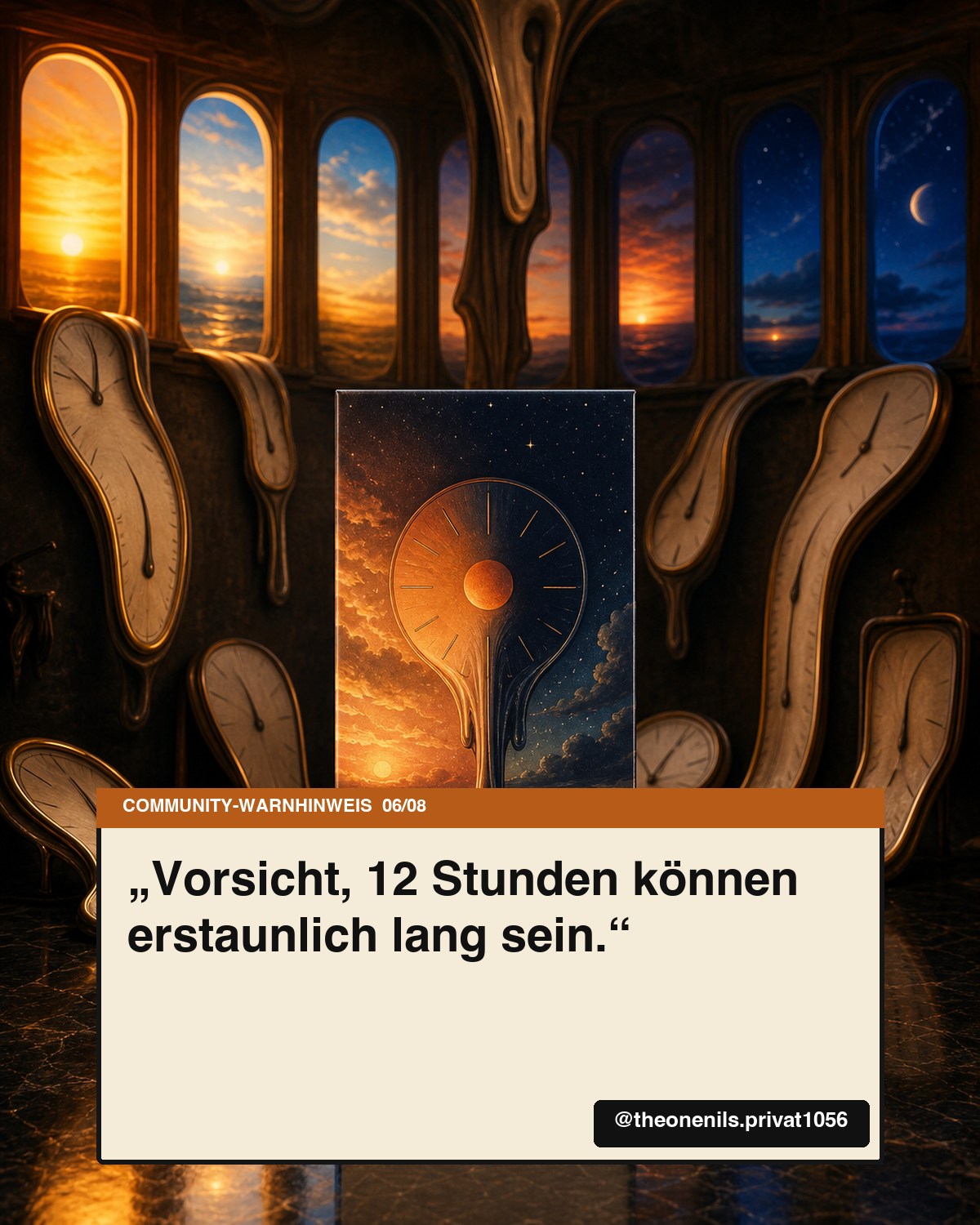Fiktive LSD-Verpackung mit dem Community-Warnhinweis Vorsicht 12 Stunden können erstaunlich lang sein