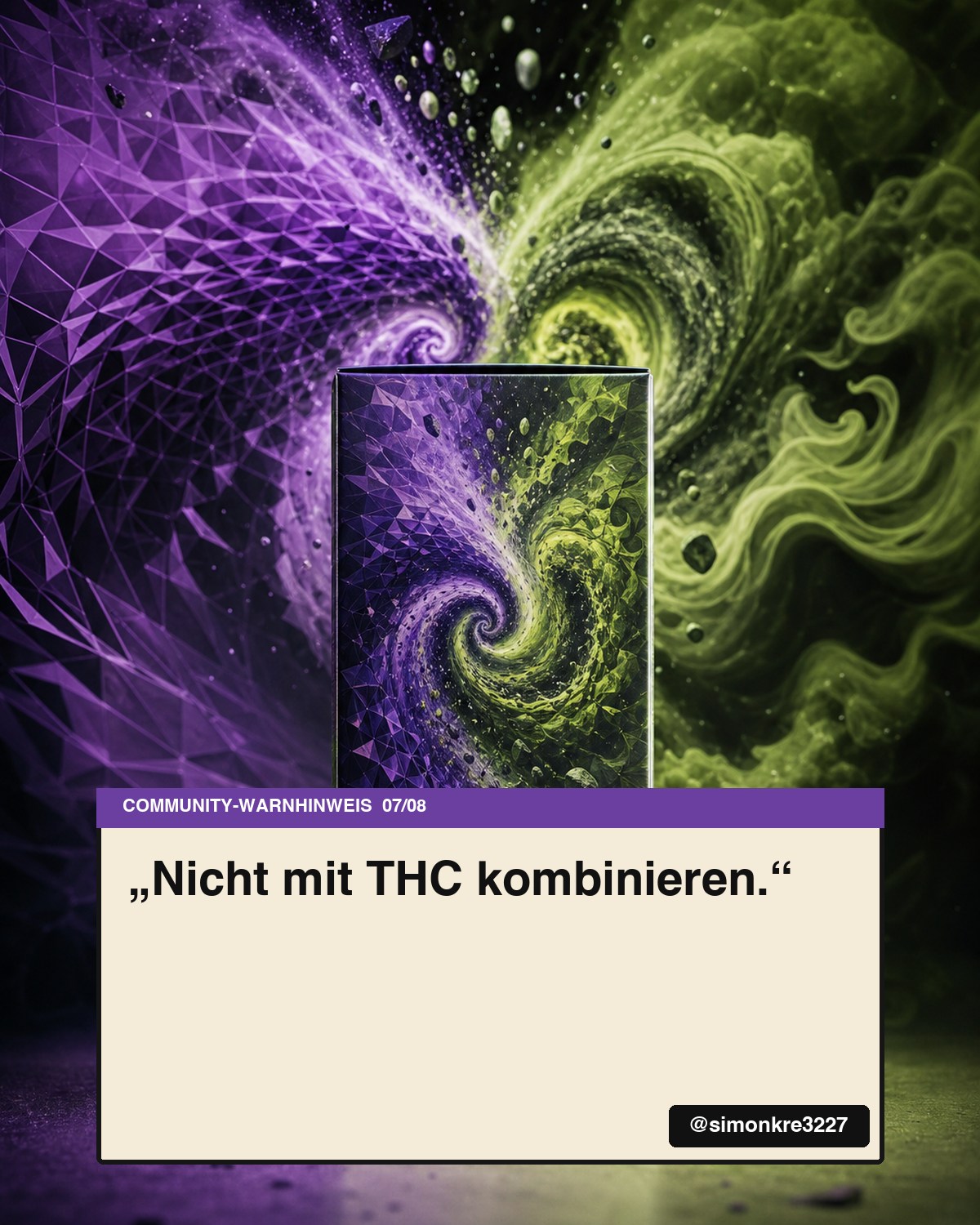 Fiktive LSD-Verpackung mit dem Community-Warnhinweis Nicht mit THC kombinieren