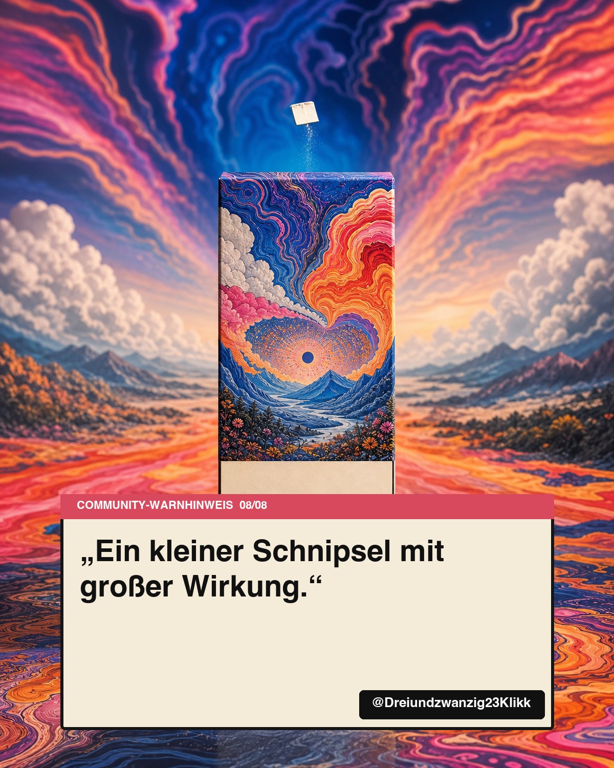 Fiktive LSD-Verpackung mit dem Community-Kommentar Ein kleiner Schnipsel mit großer Wirkung