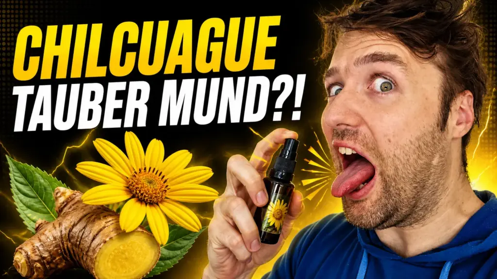 Chilcuague-Erfahrung: Simon mit Spray, Goldwurzel und gelber Heliopsis-Blüte