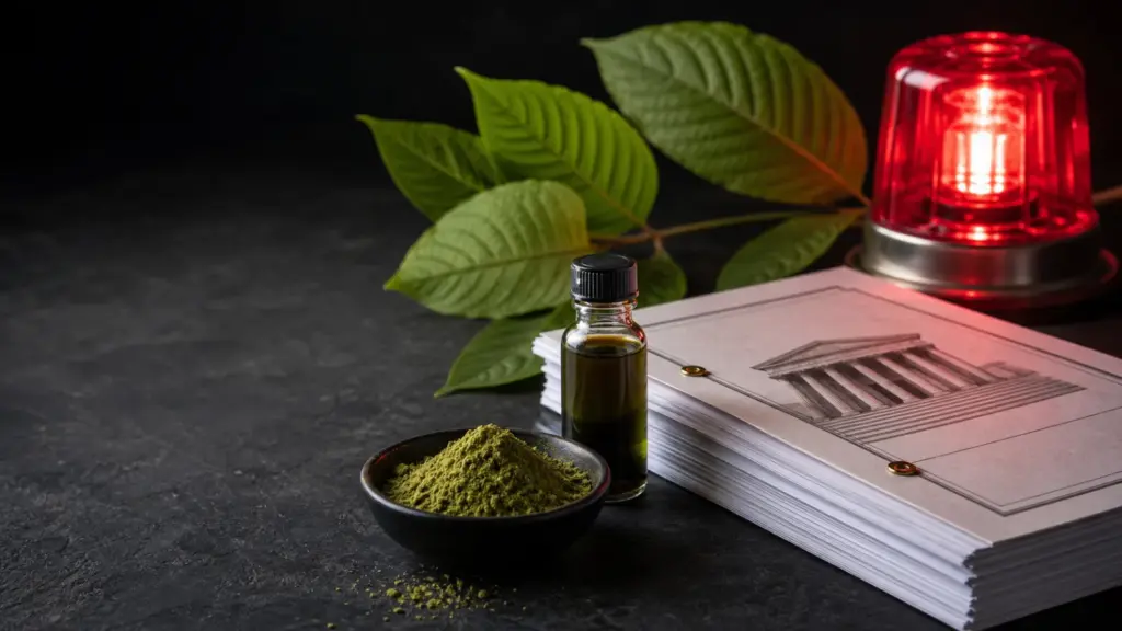 Kratom-Extraktflasche neben grünem Kratom-Pulver, Gerichtsunterlagen und rotem Warnlicht