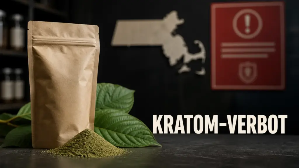 Kratom-Pulver und Blätter vor einer Warnszene zum Kratom-Verbot in Massachusetts