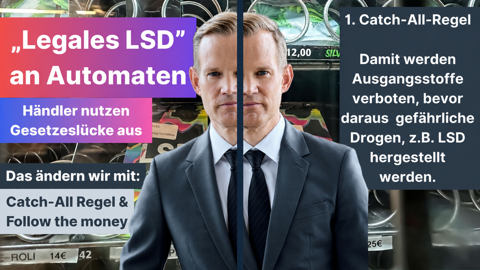 Zusammenfassung des Instagram-Posts von Hendrik Streeck: Legales LSD an Automaten und Catch-all-Regel