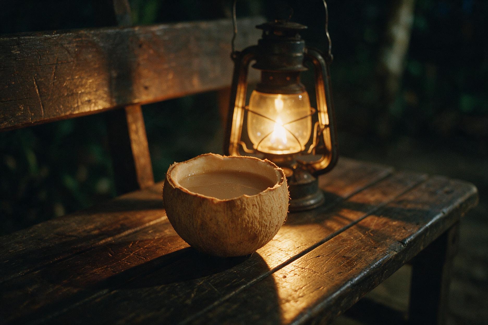 Halbe Kokosnussschale mit Kava auf einer Holzbank, beleuchtet von einer Petroleumlaterne