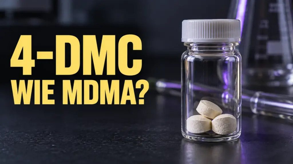 Illustration: Laborfläschchen mit hellen Pellets neben der Frage „4-DMC – wie MDMA?“