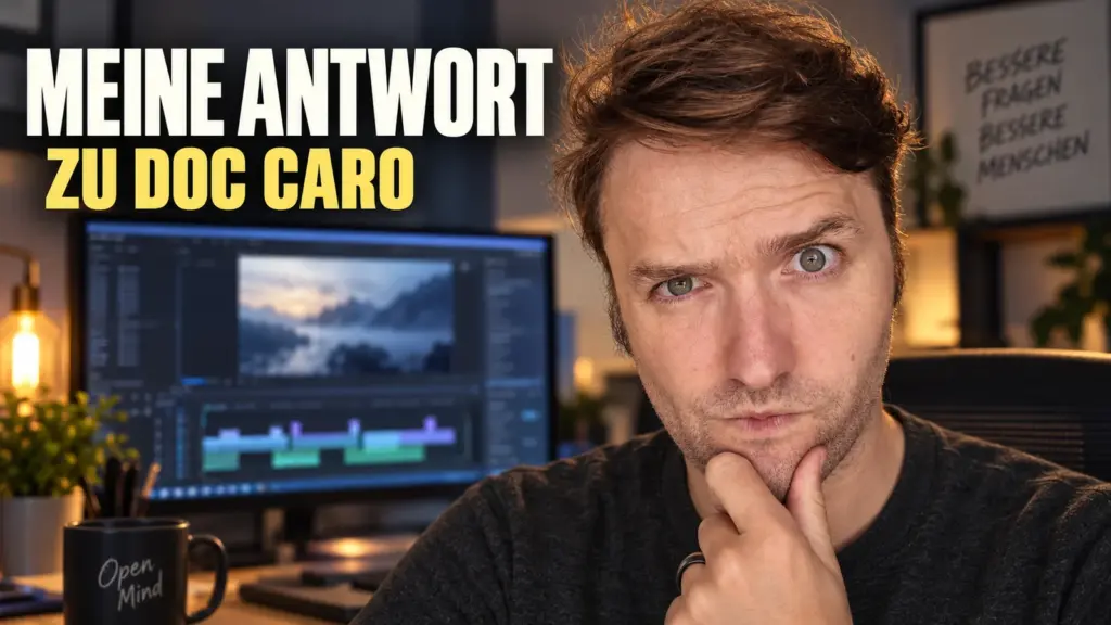 KI-generiertes Symbolbild: Simon am Videoschnittplatz zu seiner Stellungnahme über Doc Caro.