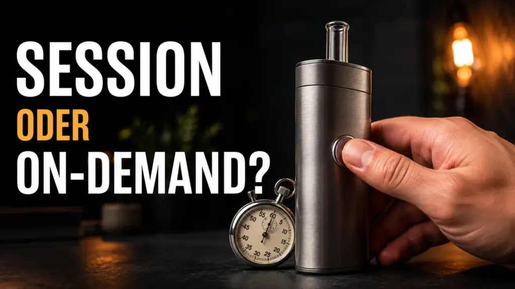 Hand an der Taste eines Vaporizers neben einer Stoppuhr: Session oder On-Demand