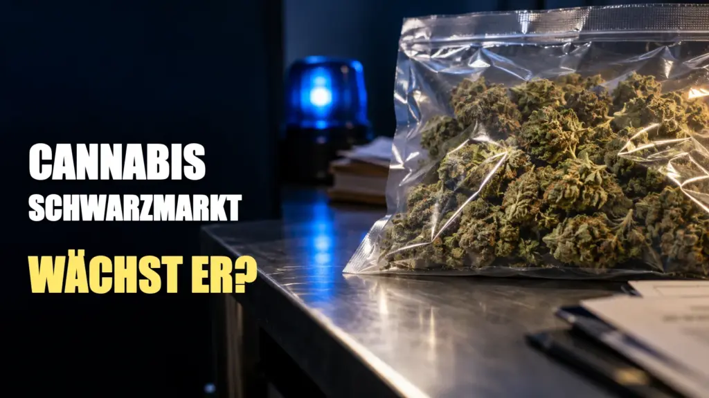 Cannabisblüten in einem transparenten Beutel auf einem Tisch mit blauem Polizeilicht – KI-Symbolbild zum Cannabis-Schwarzmarkt.