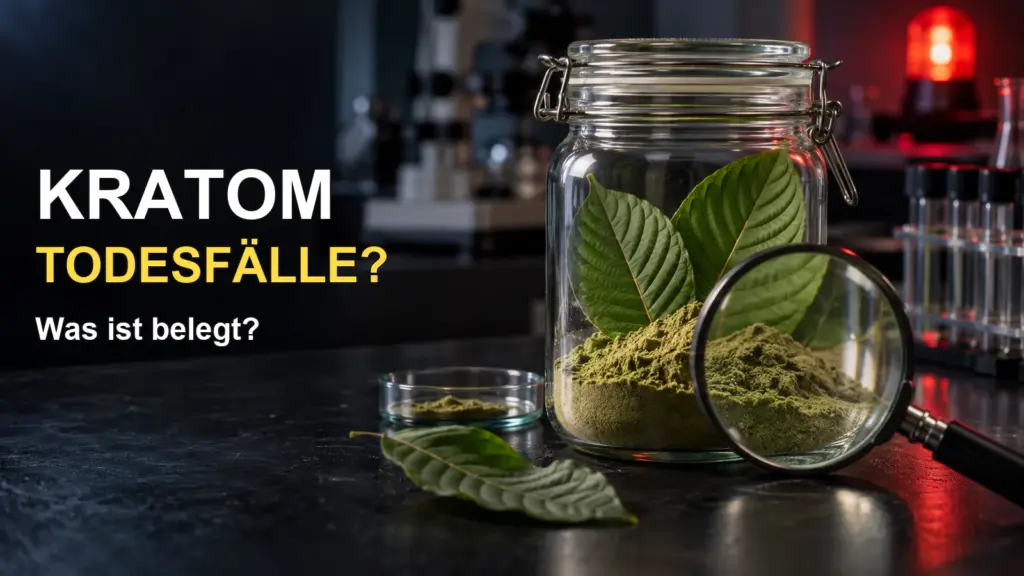 KI-Symbolbild: Kratomblätter und grünes Pulver im Glas auf einem Labortisch mit Lupe.