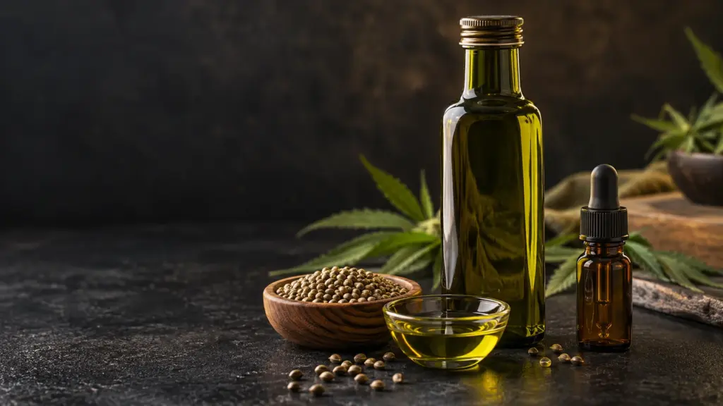 Hanföl und CBD-Öl im Größenvergleich: Speiseölflasche, Pipettenflasche und Hanfsamen