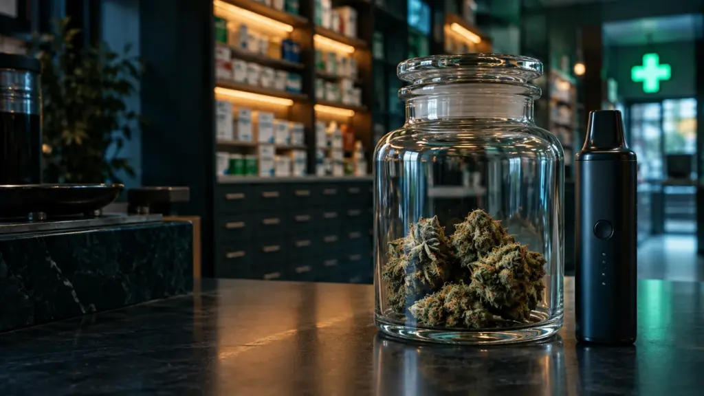 Cannabisblüten in einem Glas neben einem Vaporizer auf einer Apothekentheke – KI-Symbolbild zur SCRIPT-Studie.