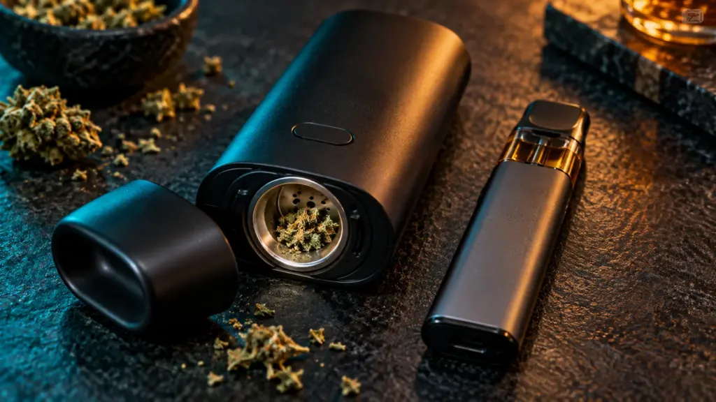 Kräuter-Vaporizer mit offener Füllkammer neben einer E-Zigarette mit transparentem Liquidpod