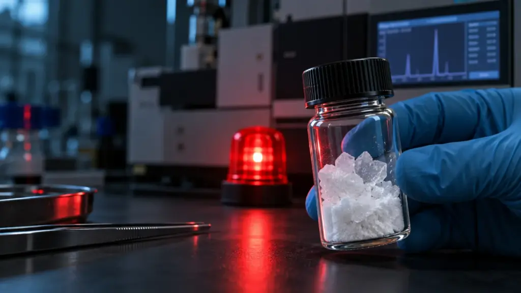 Unbekannte Kristallprobe in einem Laborgefäß vor rotem Warnlicht