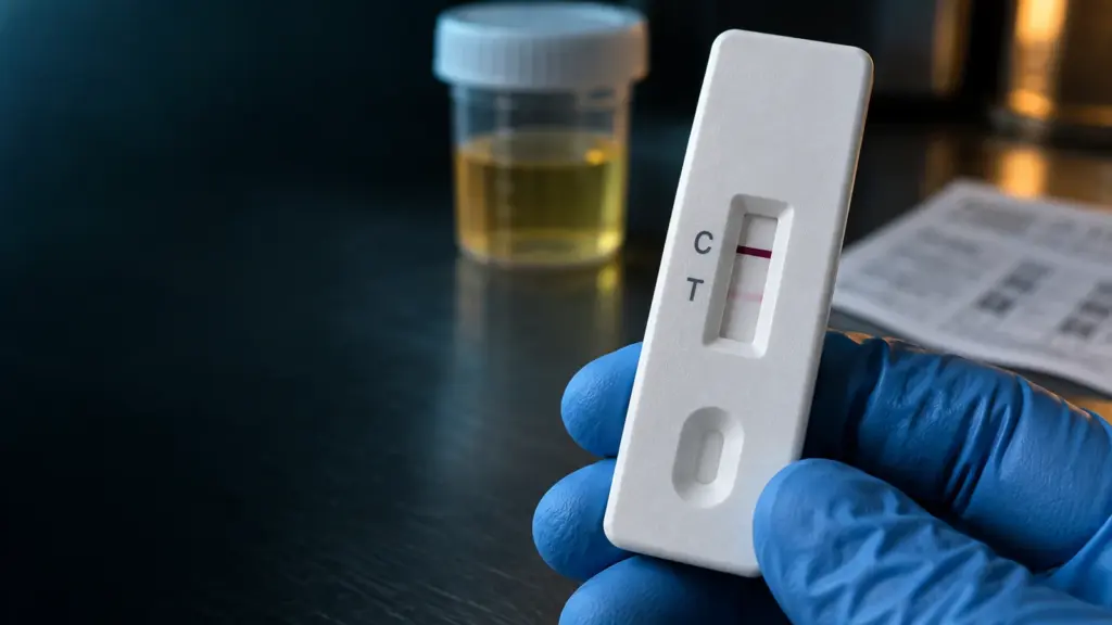 Drogentest mit deutlicher C-Linie und schwacher rosa T-Linie in einer behandschuhten Hand