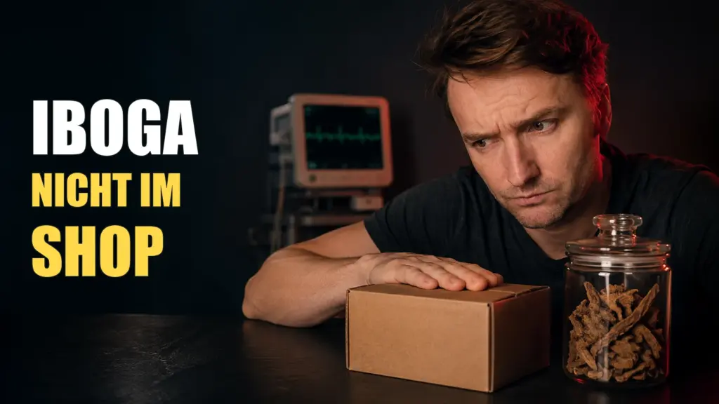 Simon neben einem geschlossenen Versandkarton und einem Glas mit Wurzelrinde; im Hintergrund ein Herzmonitor.