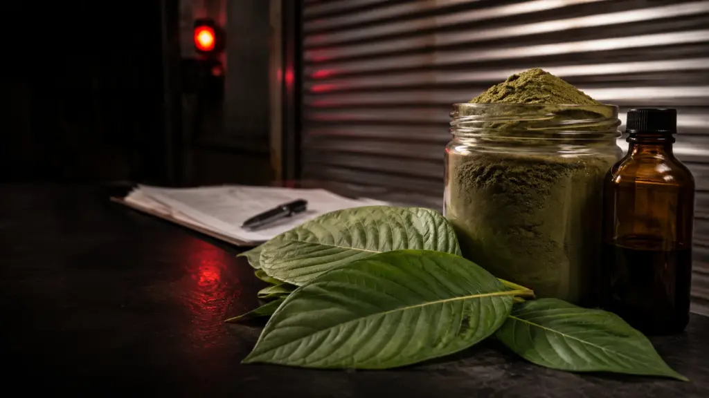 Kratom-Blätter und Pulver vor geschlossenem Rollladen mit rotem Warnlicht