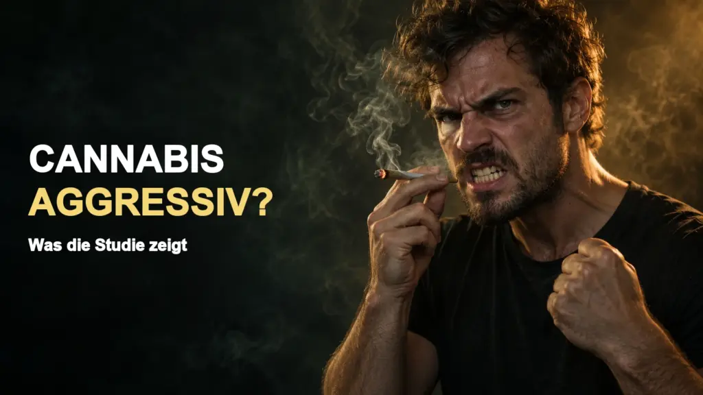 Wütend blickender erwachsener Mann mit Joint und geballter Faust; KI-generiertes Symbolbild zur Frage Cannabis aggressiv?